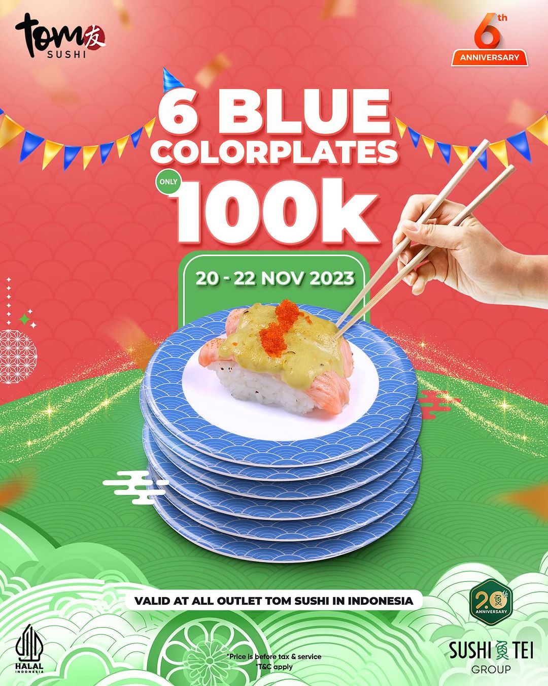 Promo TOM SUSHI ANNIVERSARY 6TH - 6 BLUE COLORPLATES Only 100K