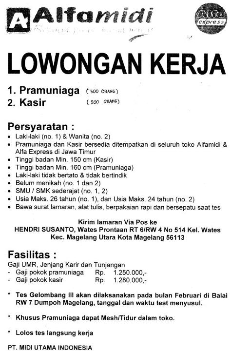 Lowongan Alfamart Magelang 2012:Lowongan Kerja Magelang