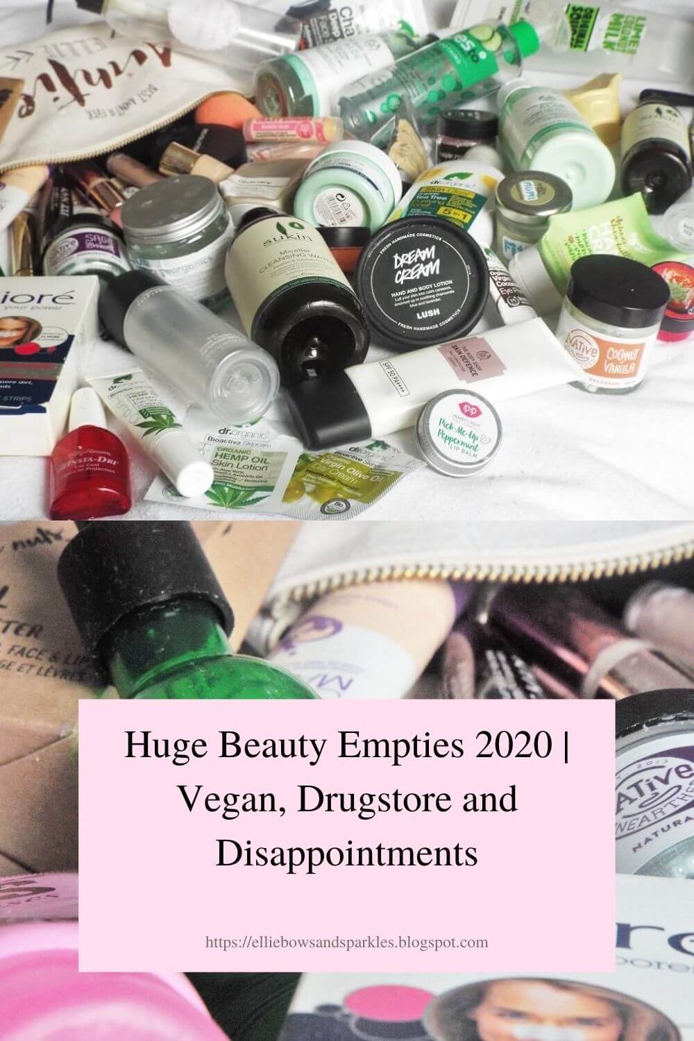 Pinterest pin to pin and save the blog post, Huge Beauty Empties 2020 | Vegan, Drugstore and Disappointments.