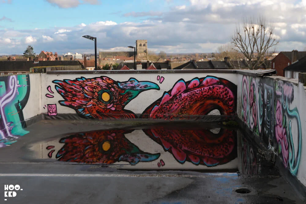 Street artist Nush Poke mural painted in the Penge Rooftop Gallery in London