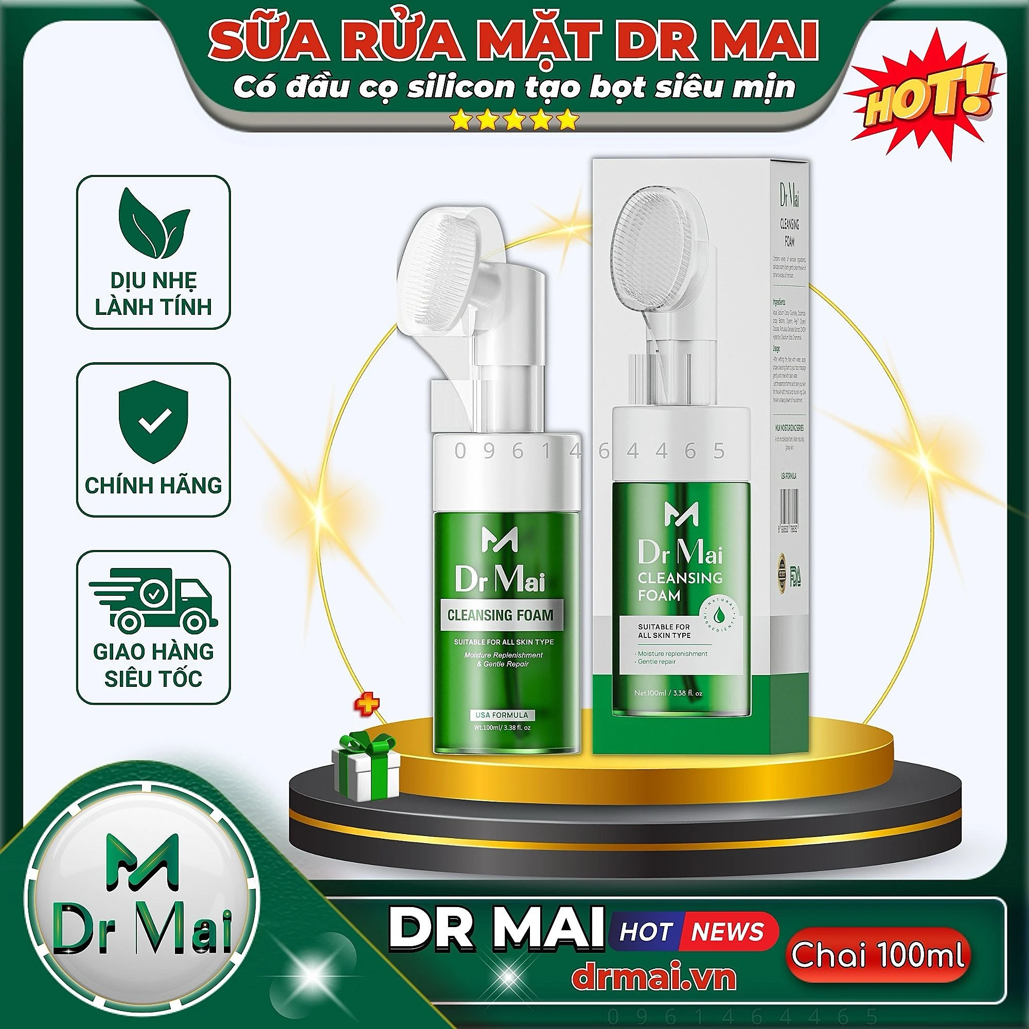 Sữa rửa mặt Dr Mai có đầu cọ tạo bọt giúp sạch sâu, cân bằng dầu thừa