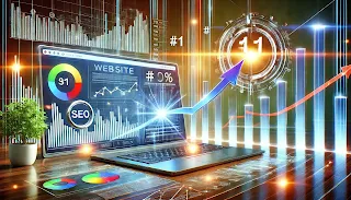 Digital illustration of website traffic growth, SEO analytics, and increasing rankings with charts and rising arrows.