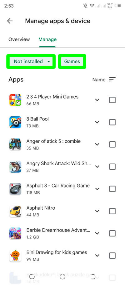 list of not installed apps and games google play account