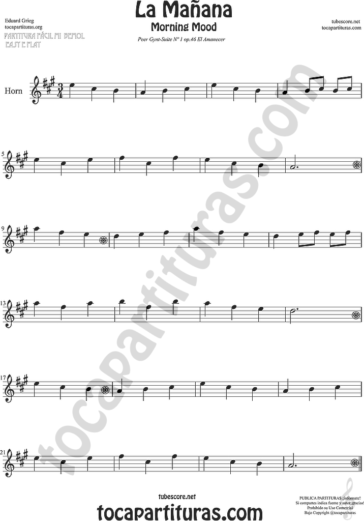 Tubescore Morning Mood Sheet Music For Flute Violin Alto Sax Trumpet Viola Oboe Clarinet Tenor Sax Soprano Sax Trombone Flugelhorn Cello Bassoon Baritone Sax Euphonium Horn Tube