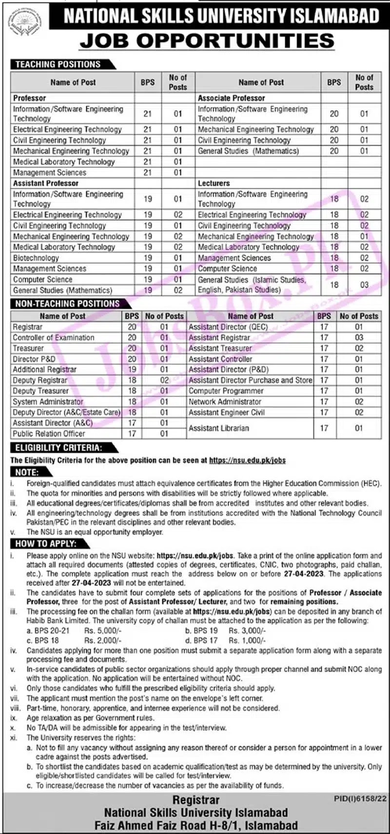 National Skills University NSU Islamabad Jobs 2023 - Latest Advertisement