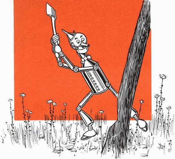 The Tin Woodman chops down a tree for the raft.