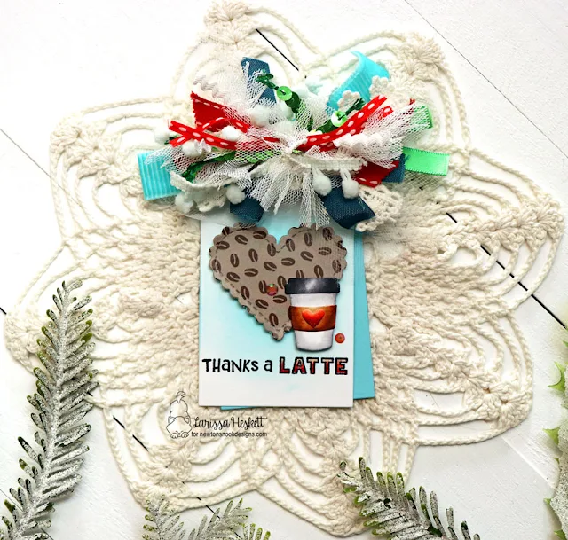 Thanks a Latte Gift Tag by Larissa Heskett for Newton's Nook Designs using Fancy Edge Tag Die Set, Heart Frames Die Set, Coffee Silhouettes Die Set, Heartfelt Coffee Stamp Set and Coffee House Stories Pattern Paper Pad