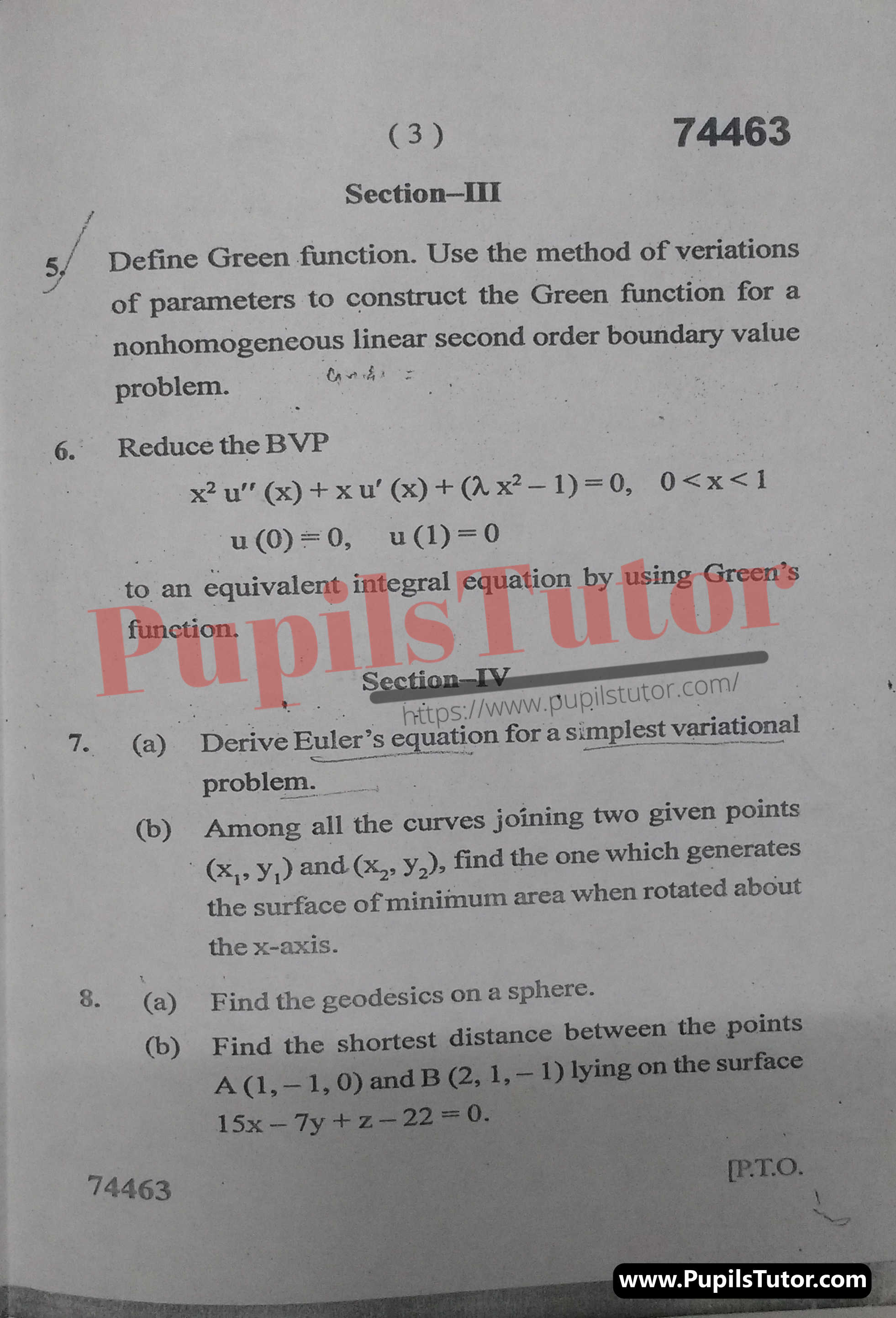 Free Download PDF Of M.D. University M.Sc. [Mathematics] Second Semester Latest Question Paper For Integral Equations And Calculus Of Variations Subject (Page 3) - https://www.pupilstutor.com