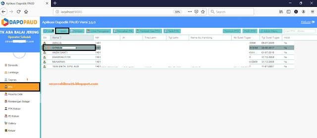 Halaman data PTK di dapopaud offline v.3.5.0