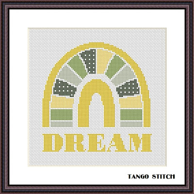 Yellow DREAM nursery boho rainbow cross stitch pattern easy cute embroidery