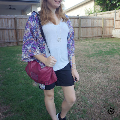 awayfromtheblue instagram | purple printed kimono white print tee denim shorts magenta bag