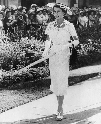 Queen Elizabeth II wearing Cornelia James gloves at garden party  Sydney, Australia  February 1954.