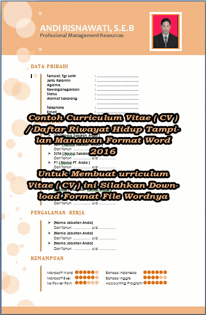 Contoh Curriculum Vitae ( CV ) / Daftar Riwayat Hidup Tampilan Manawan Format Word 2016
