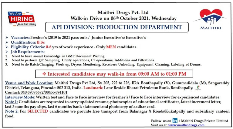 Job Availables,Maithri Drugs Pvt. Ltd Walk-In-Interview For Production Department