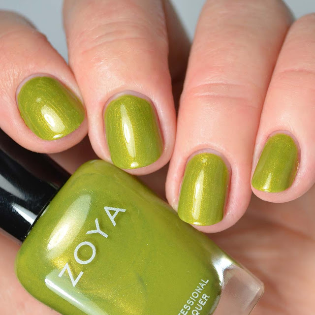 chartreuse green metallic nail polish swatch four fingers