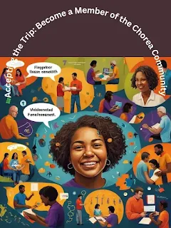 An inspiring picture of a community that supports people with chorea that shows a variety of people coming together with awareness, research, and connection in the background. It emphasises the value of group empowerment and support in enhancing the lives of those impacted by chorea.