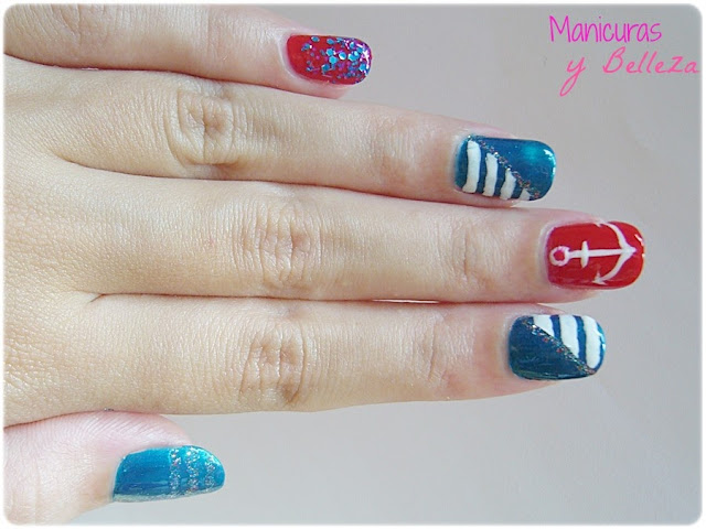 Nautical Sailor nails nail art stripes white and blue anchor glitter red Manicura uñas marineras náuticas con lineas blancas azul rojo ancla