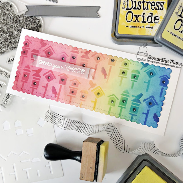 Birdhouse Rainbow card by Samantha Mann | Birdhouse Line Stencil, Slimline Die Set, Heartfelt Butterflies Stamp Set and Banner Trio Die Set by Newton's Nook Designs