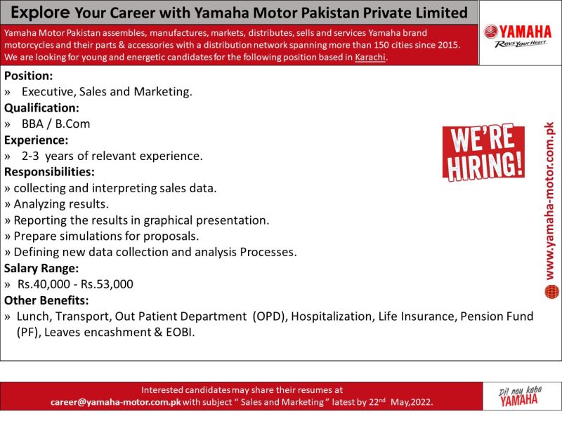 Yamaha Motor Pakistan (Pvt) Ltd. Jobs For Executive Sales & Marketing