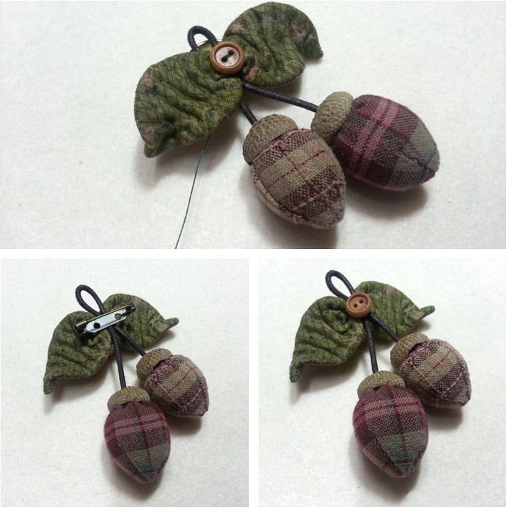 Miniature Patchwork Acorns, Safety pin charm brooch.