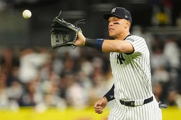 Aaron Judge #99 of the New York Yankees makes a catch for an out in the third inning during a game against the Kansas City Royals at Yankee Stadium in New York, on April 14, 2025. Photo by Mary DeCicco/MLB Photos