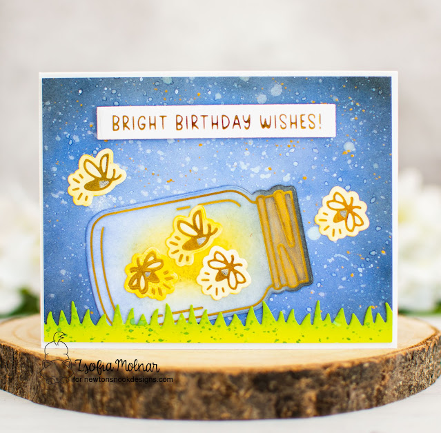 Bright Birthday Wishes Card by Zsofia Molnar | Fireflies Hot Foil Plates, Jar Hot Foil Plates, Bright Sentiments Hot Foil Plates, Banner Duo Die Set and Land Borders Die Set by Newton's Nook Designs
