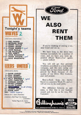 programme from the infamous wolverhampton wanderers vs leeds united game in 1972. Leeds were forced to play just 2 days after the FA Cup Final, and were missing the injured MIck Jones. 