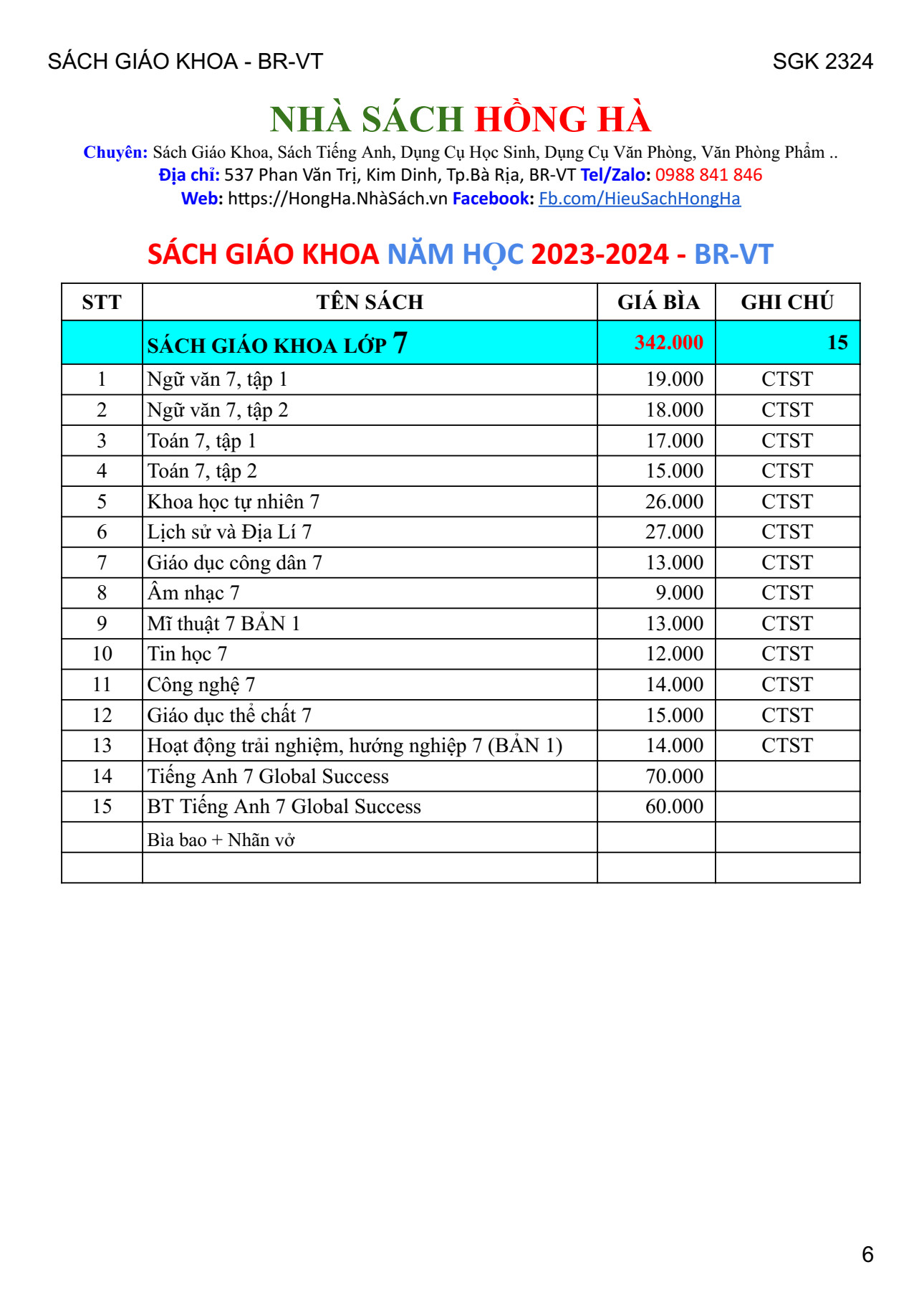 Bộ Sách Giáo Khoa Lớp 7 - Năm Học 2023 - 2024 Tại BR-VT