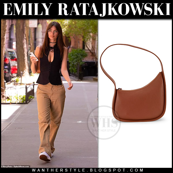 Emily Ratajkowski in black top, camel pants and sneakers