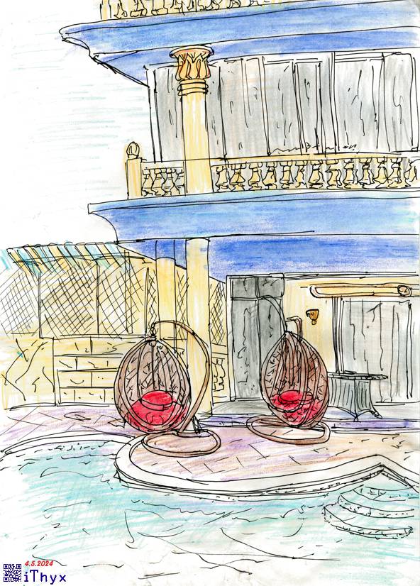 Место для отдыха в современной резеденции с архитектурными элементами в египетском стиле, два подвесных плетёных кресла у бассейна. Раскрашенный акварелью линеный рисунок. Автор рисунка: художник iThyx