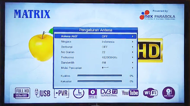 Menu Pengaturan Antena Set Top Box Matrix Apple Kuning DVB-T2 TV Digital