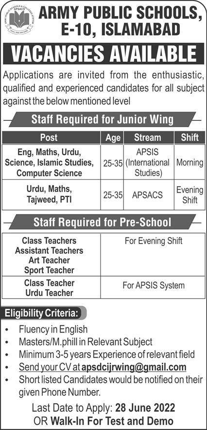 Latest Army Public School APS Teaching Posts Islamabad 2022