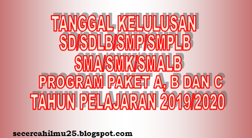 Tanggal Kelulusan SD/SDLB/SMP/SMPLB/SMA/SMK/SMALB/PAKET A/PAKET B/PAKET C/Sederajat Tahun Pelajaran 2019/2020