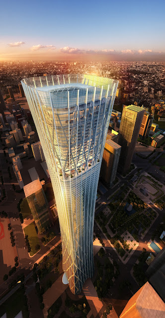 Rendering of China Zun (CITIC Plaza) by TFP Farrells, Beijing, China as seen from the air with the city in the background