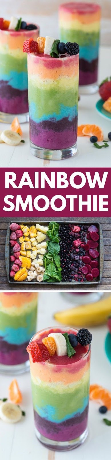 Beautiful 7 layer rainbow smoothie recipe! Full of tons of fruit and topped with a fruit skewer, it’s the ultimate rainbow smoothie!