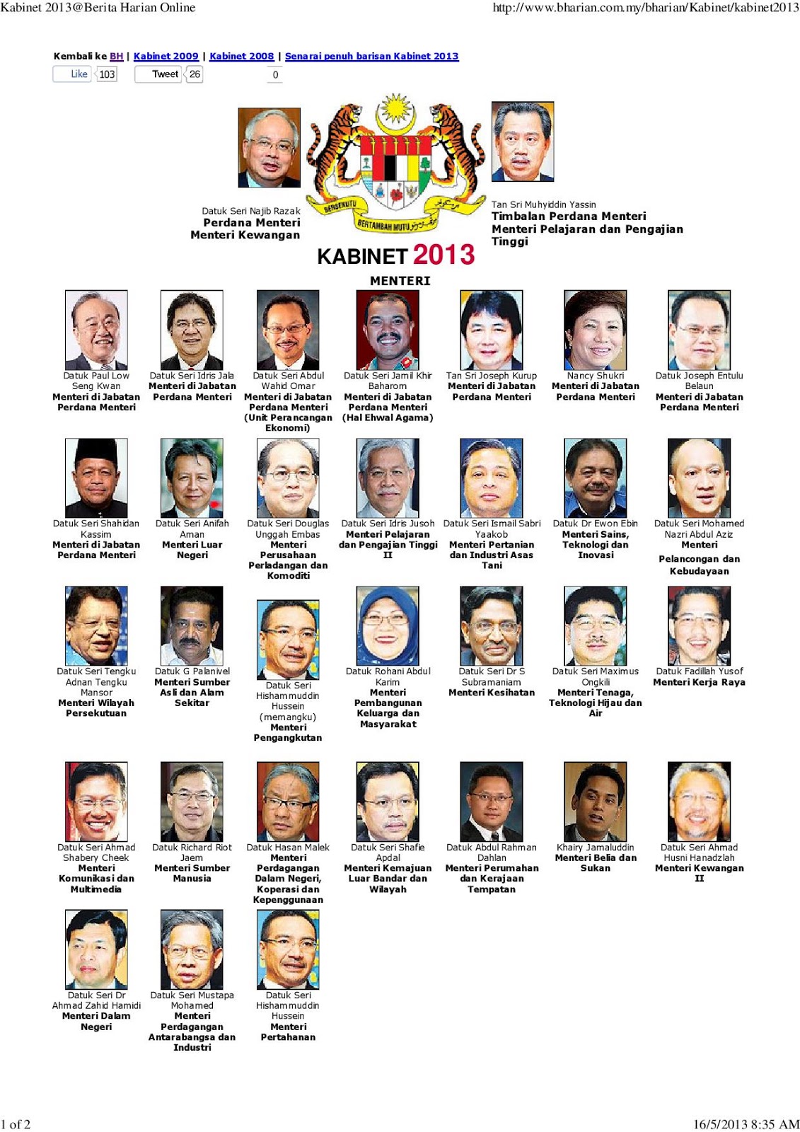 aku Dayat: Senarai Penuh Menteri Kabinet Baru Malaysia 2013