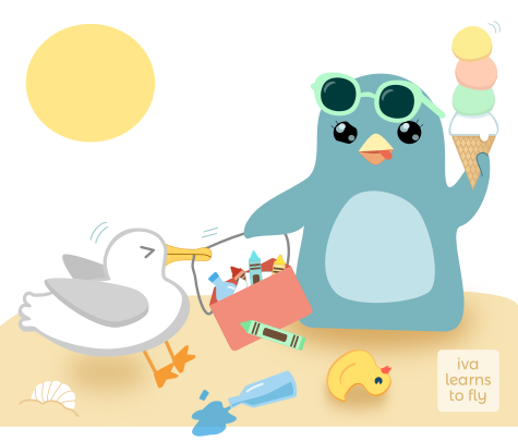 Penguin in Peril (with ice cream at the beach) | Vector design by iva learns to fly