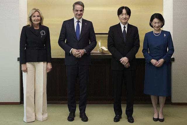 Greek Prime Minister Kyriakos Mitsotakis and his wife Mareva Grabowski visit to Japan. Crown Princess Kiko wore a blue dress