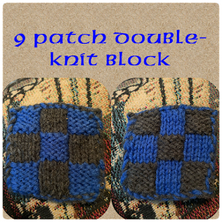 A photo collage of two sides of the same handknit square. Above the two photos are the words '9 patch double-knit block'. The photo on the left is of a charcoal gray and blue square. The two colors are arranged in a 3x3 checkerboard with 5 blue sections and 4 gray ones. The blue sections are in stockinette stitch while the gray ones are in reverse stockinette. The other photo shows the other side with 5 stockinette gray sections and 4 reverse stockinette blue sections.