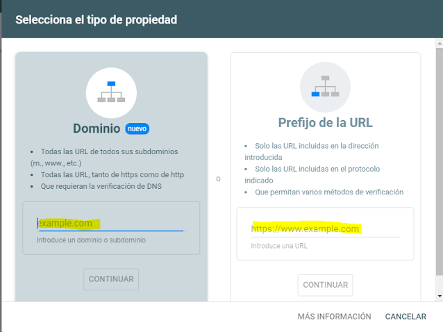 agregar propiedad de dominio en google console