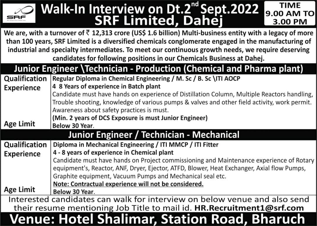 Job Available's for SRF Ltd Walk-In Interview for  Diploma in Chemical Engineering/ Mechanical Engineering/ MSc/ BSc/ ITI AOCP/ ITI MMCP