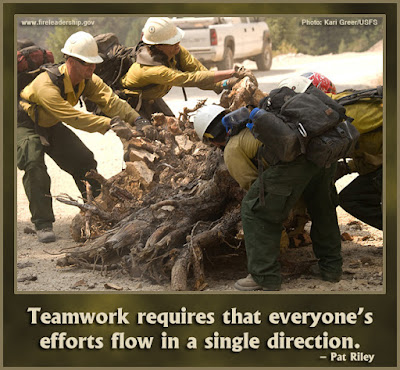 Teamwork requires that everyone's efforts flow in a single direction. - Pat Riley [Wildland firefighters moving a stump; two on each side trying to roll it.]