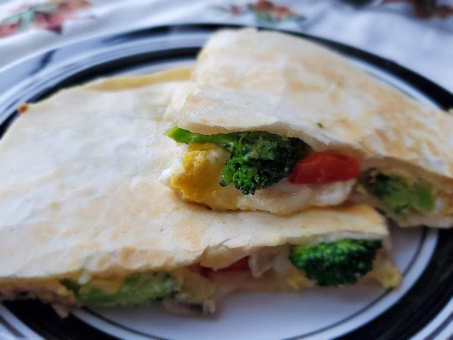 Quesadilla with ham, broccoli, red pepper, cheese, mushroom and egg