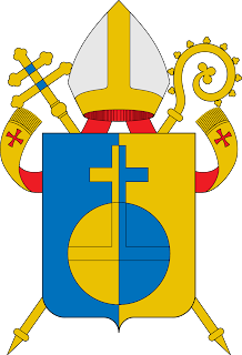 Brasão da arquidiocese de São Salvador da Bahia: partido de azul e ouro com um mundo entrecambado; timbre: mitra; sob o escudo, uma cruz arquiepiscopal e um báculo passados em aspa.