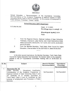 NIOS (National Institute of Open Schooling) மூலம் 10 மற்றும் 12ஆம் வகுப்பு தேர்ச்சி - இணைத்தன்மை இன்மை வழங்கி அரசாணை வெளியீடு