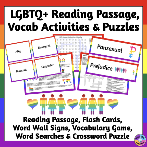 Cover of TpT resource showing pages in it, images of people in gay pride rainbow colors, and text at bottom explaining that a reading passage about Gay Pride Month & various activities that help students learn 27 words about LGBTQ issues are included in the resource.