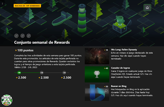 Conjunto semanal de Rewards: 100 puntos (149 Semanas completadas) + 2500 puntos de bonificación al completar