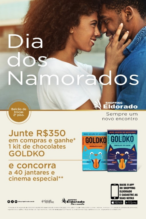 Namorados ganham kit de chocolates GOLDKO e concorrem a 40 jantares com cinema especial em ação do Shopping Eldorado