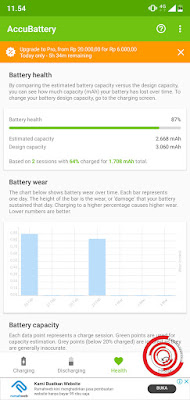 5. Jika sudah 5 menit lalu cek pada menu Health lagi, maka nanti data Battery Health dan Battery Wear akan tampil, barulah kita cabut ponsel dari proses pengisian