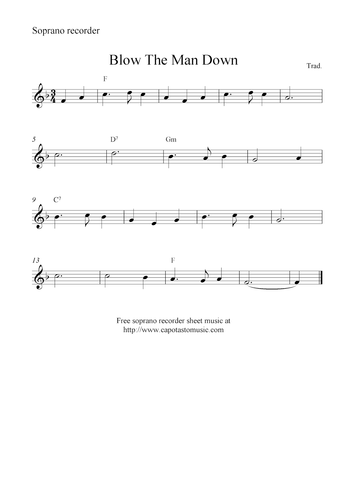 Blow The Man Down, free soprano recorder sheet music notes